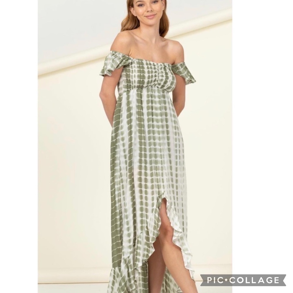 Beautiful Olive & White Tie Dyed Dress - Picture 2 of 6